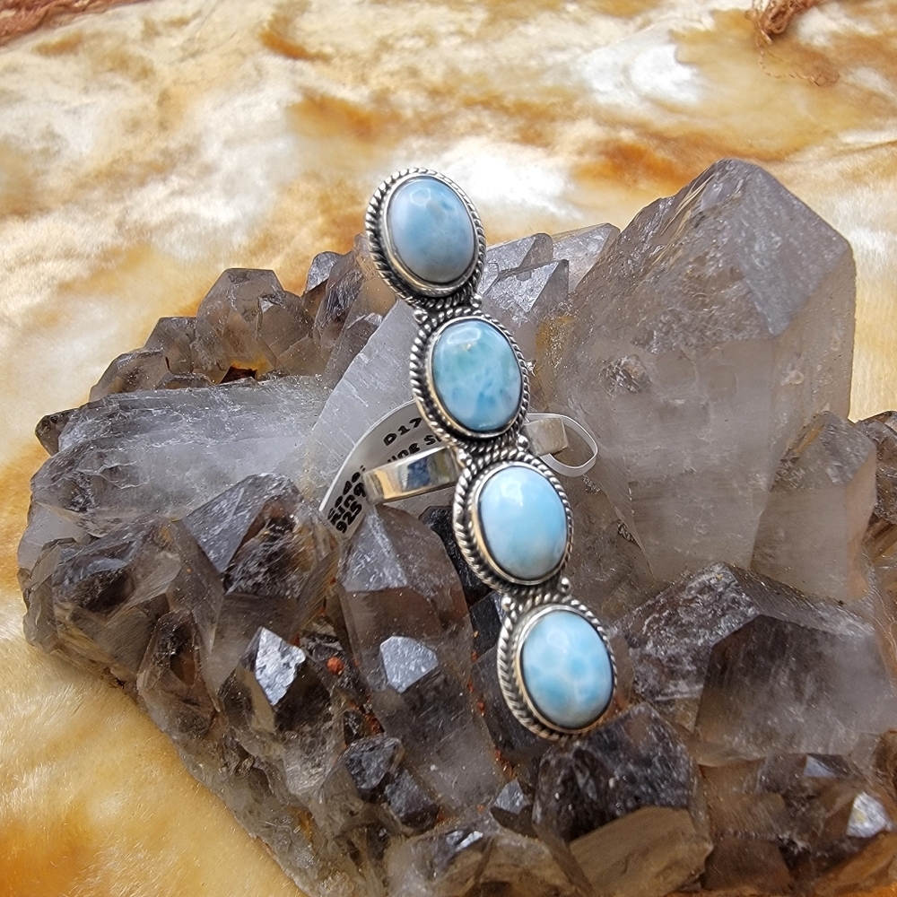 Sterling Silver Blue Larimar Ring Size 8 – 4 Stone Oval Cabochon Statement Ring - Picture 2 of 11